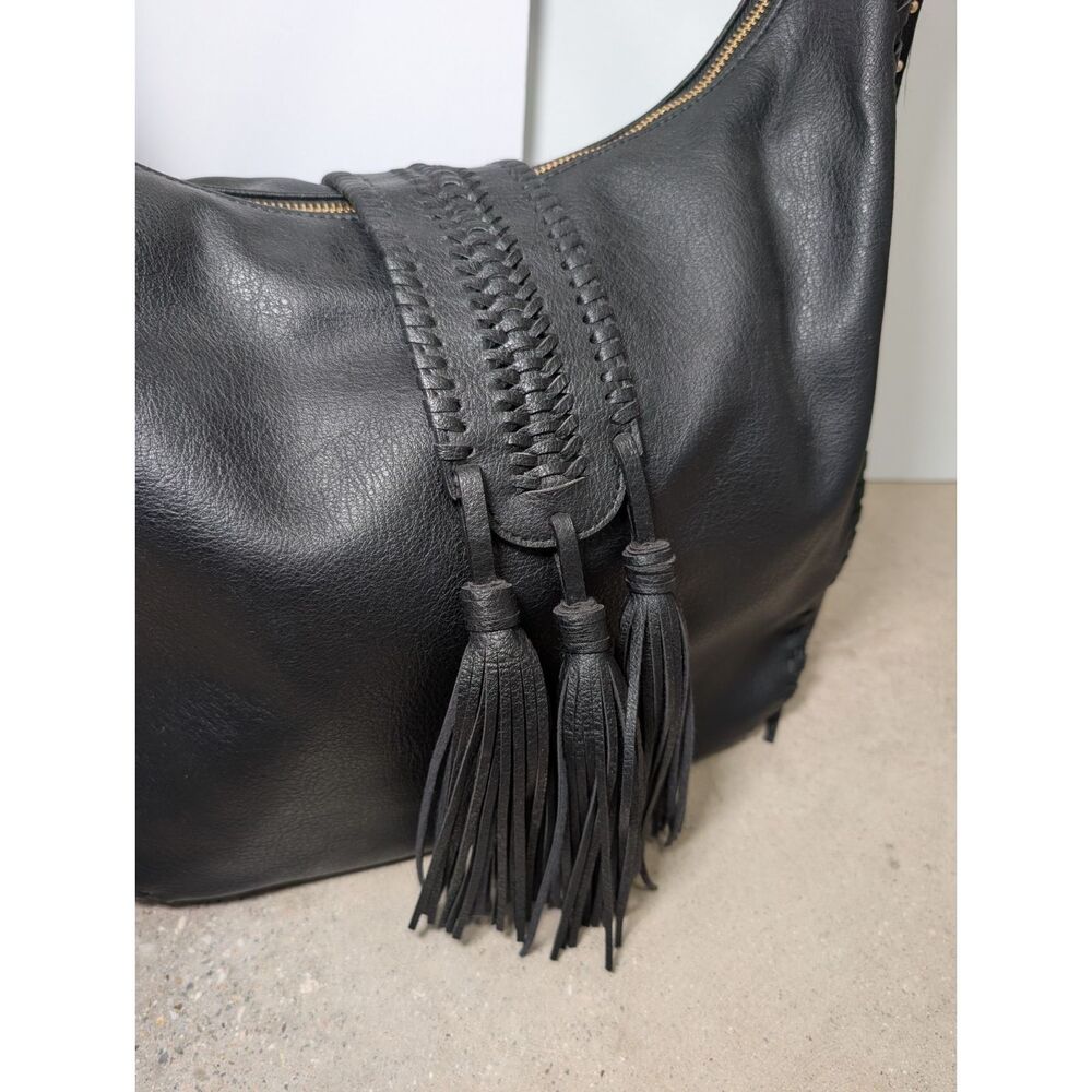 Big Buddha Black Vegan Leather Hobo Bag Whipstitch Tassels Braided Strap Boho - Picture 13 of 16